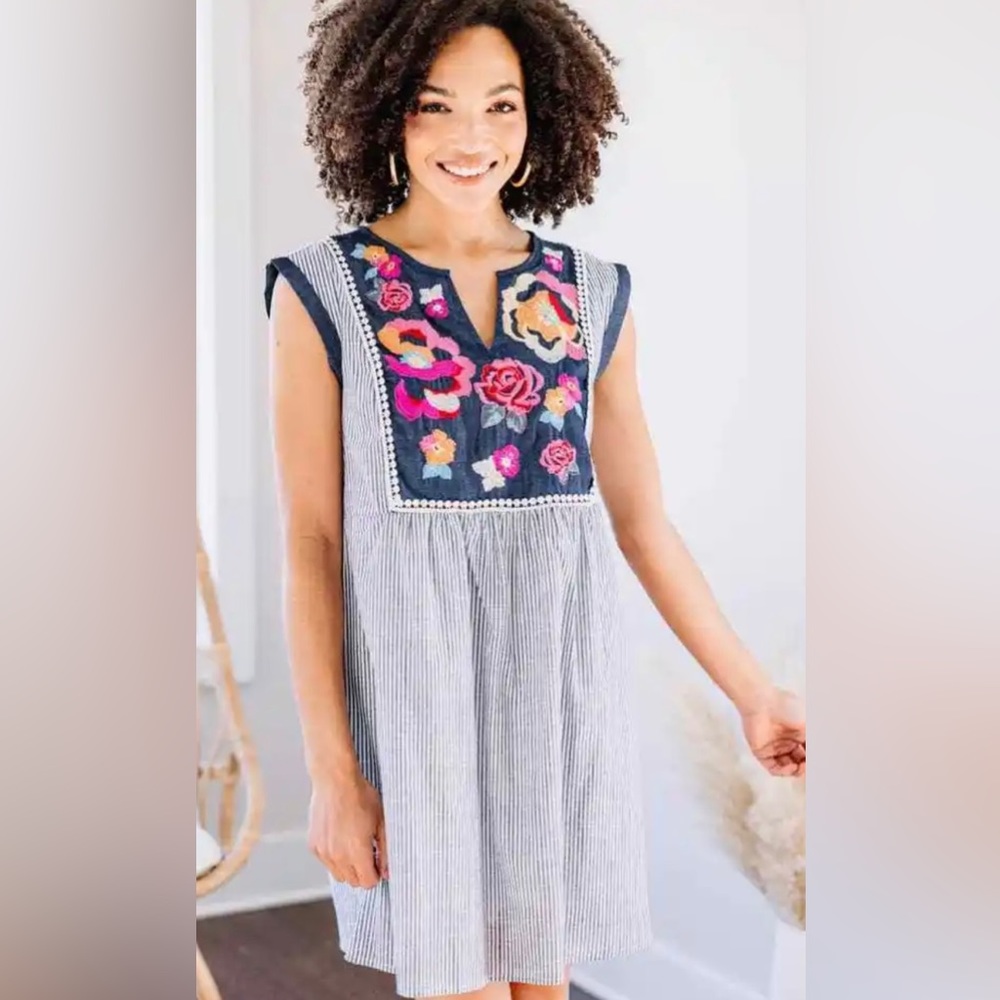 Savanna Jane Floral Embroidered Striped Dress- Medium